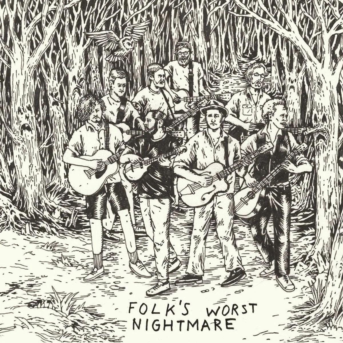 Getuschte Zeichnung des Kollektivs Folk's Worst Nightmare: neun Musiker mit Gitarren in einem nächtlichen Wald